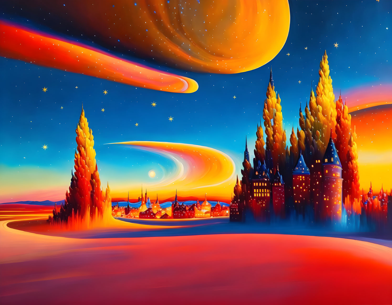 Whimsical autumn landscape with castle and swirling planets