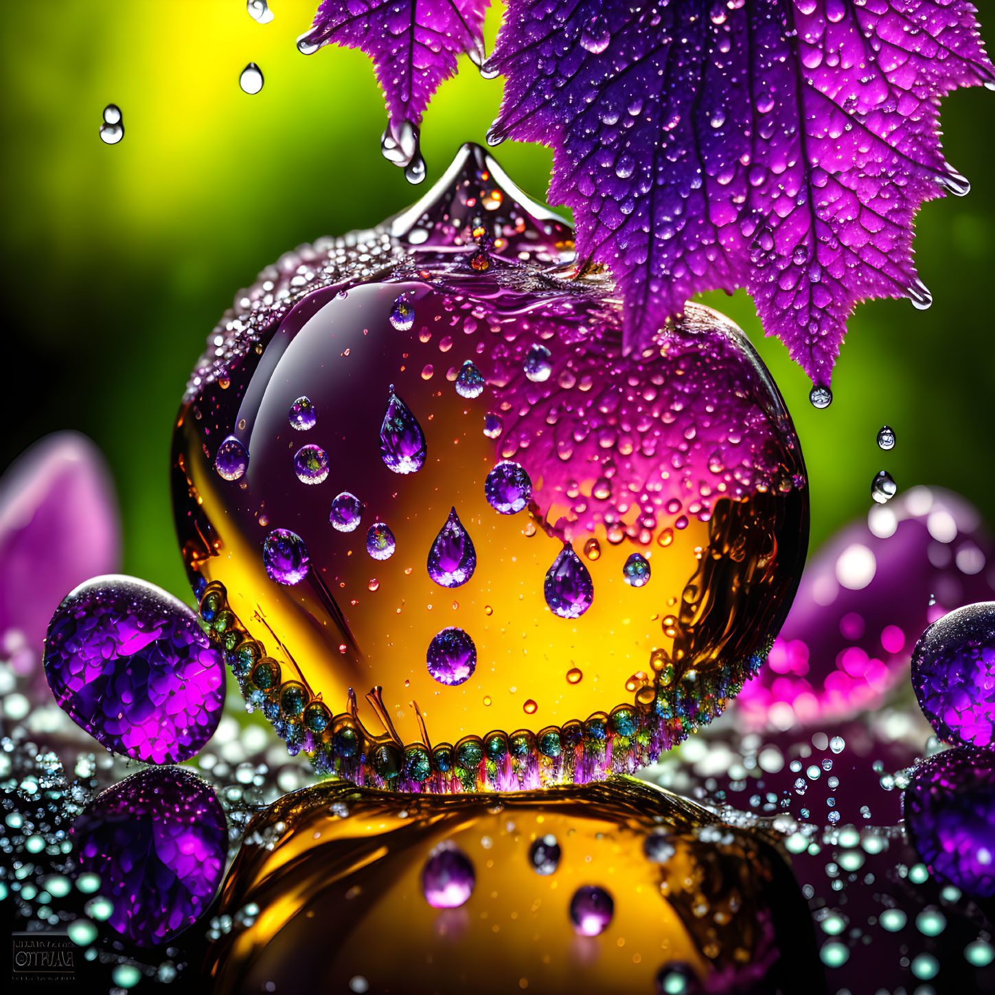 Vibrant water droplet on mirrored surface with purple leaves and refracted light