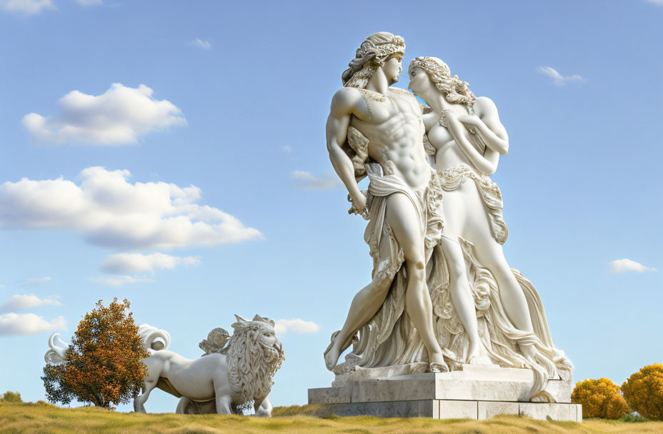 Marble statue of man embracing woman with lion and horned creature on blue sky.