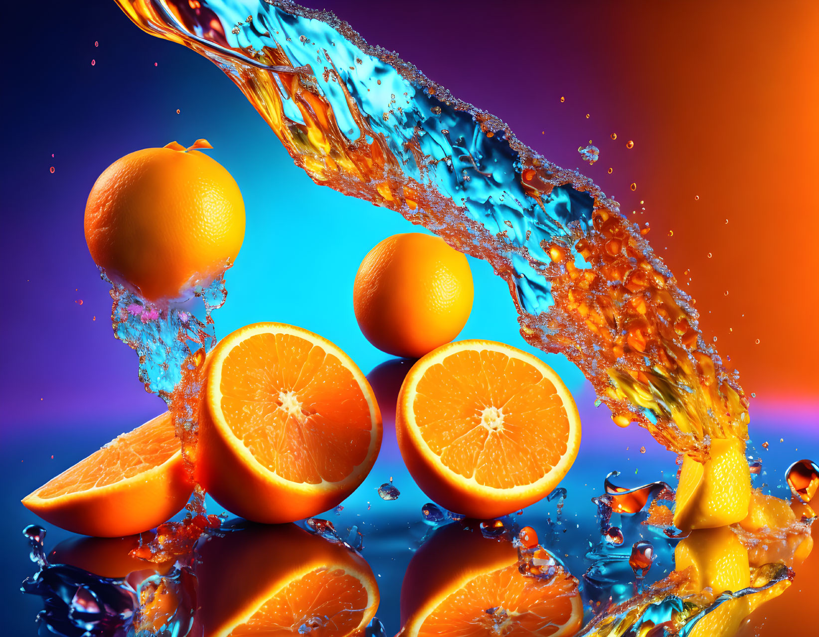 Colorful oranges with water splash on gradient background