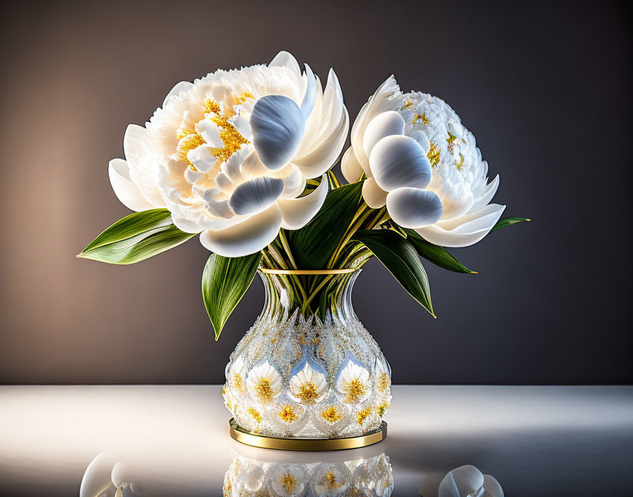 White and Yellow Peonies in Vase on Gradient Background and Reflective Surface