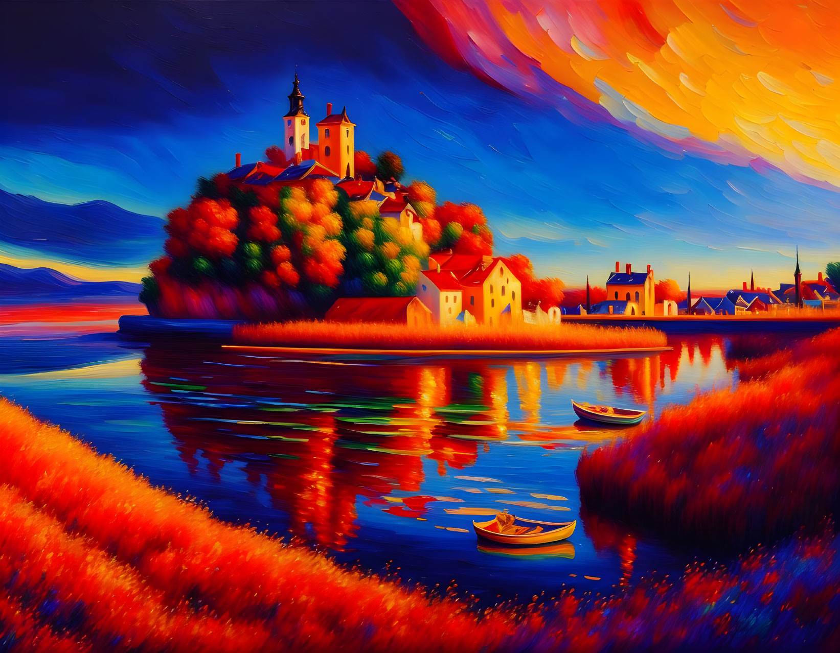 Colorful Sunset Painting of Lakeside Town with Boat & Autumn Foliage