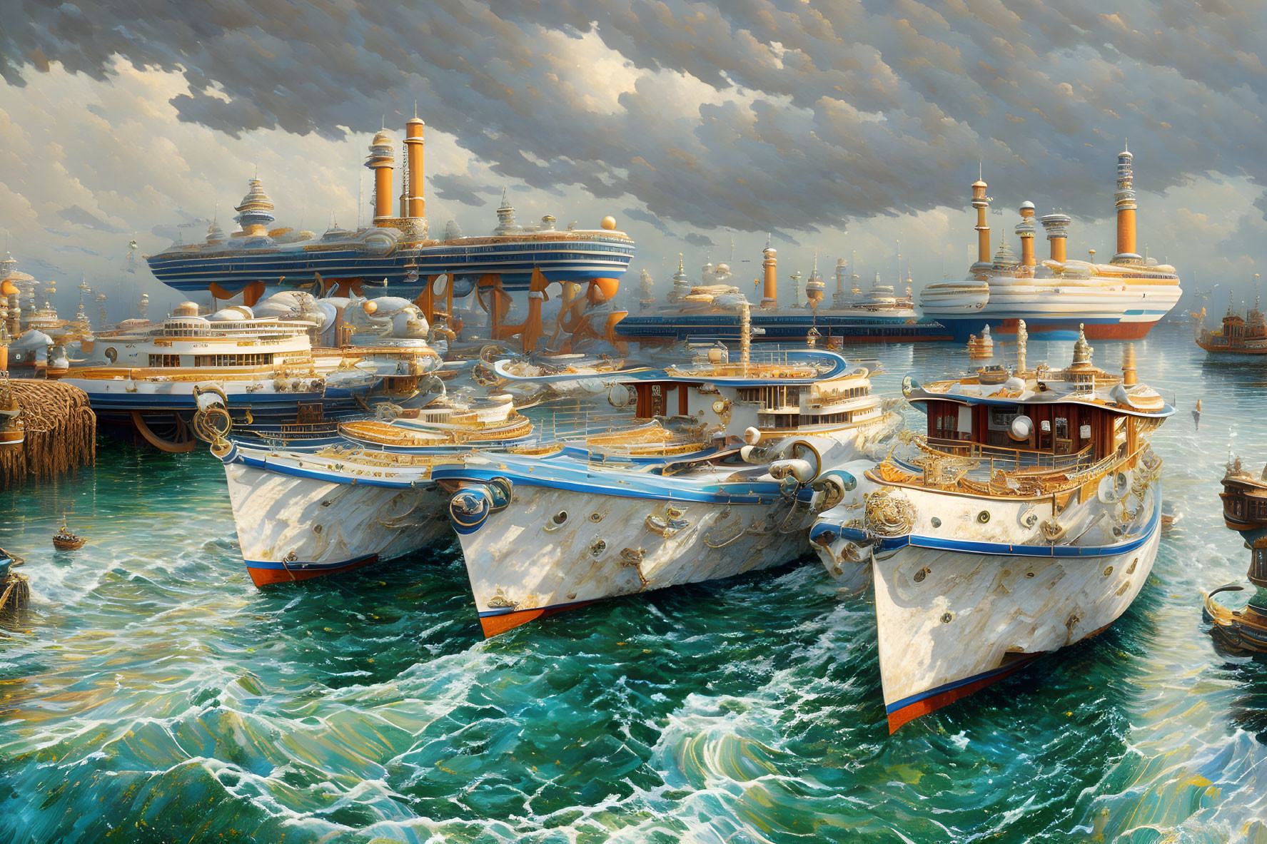 Fantasy ships in bustling harbor with grandiose architecture under dramatic sky