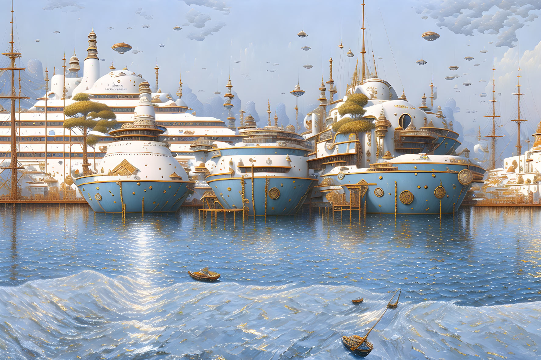 Fantastical maritime city with floating ship-like structures in calm sea