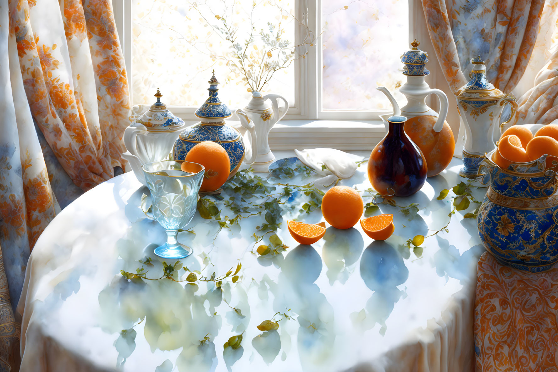 Bright and Elegant Tea Setting on Round Table
