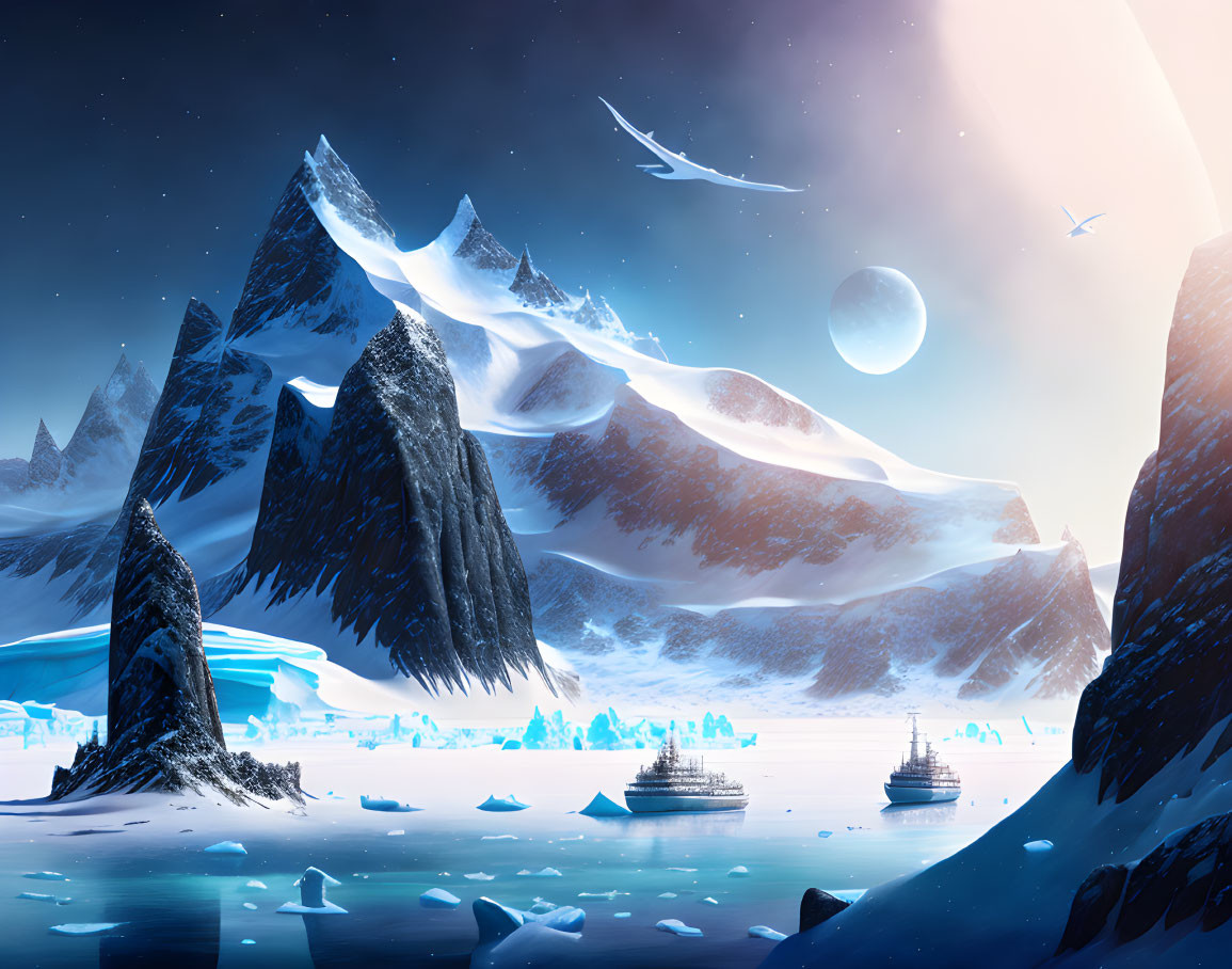 Icy Landscape with Ships, Mountains, Moon, and Sun