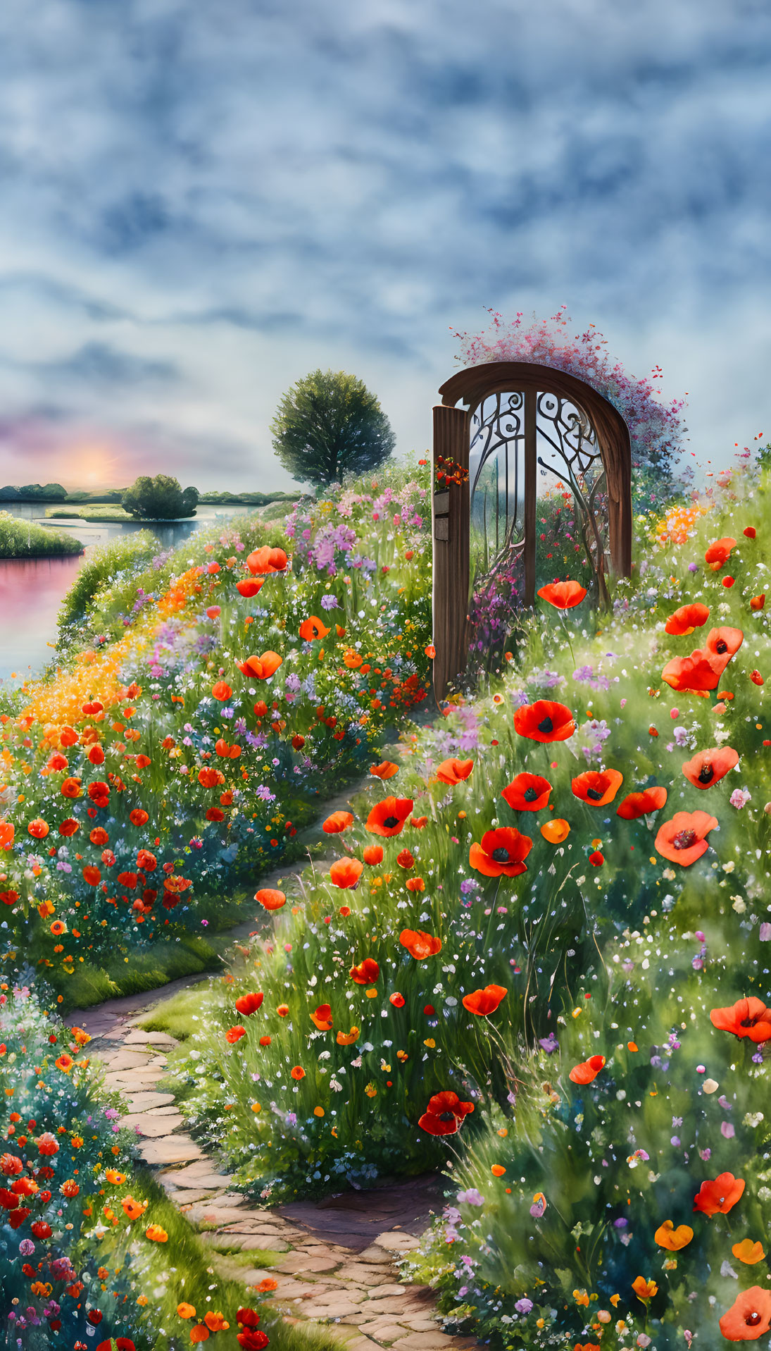 Scenic garden pathway with vibrant flowers, metal gate, and tranquil lake at sunset