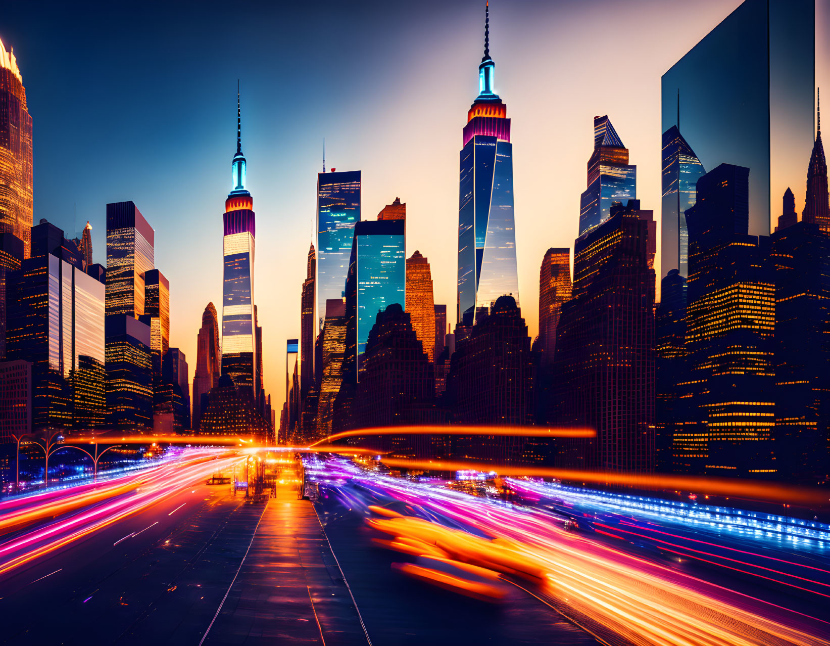 Twilight cityscape with skyscrapers and light streaks.