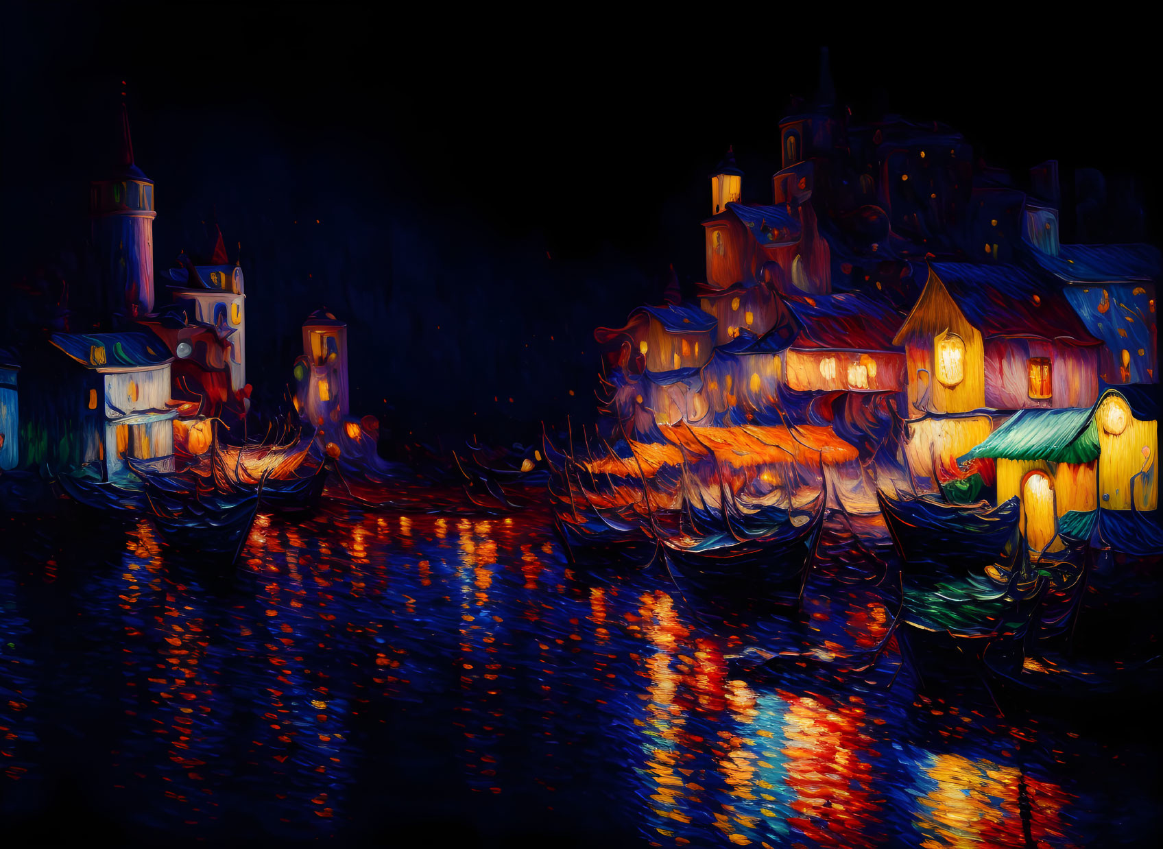 Vibrant painting of nighttime waterfront with illuminated buildings and docked boats