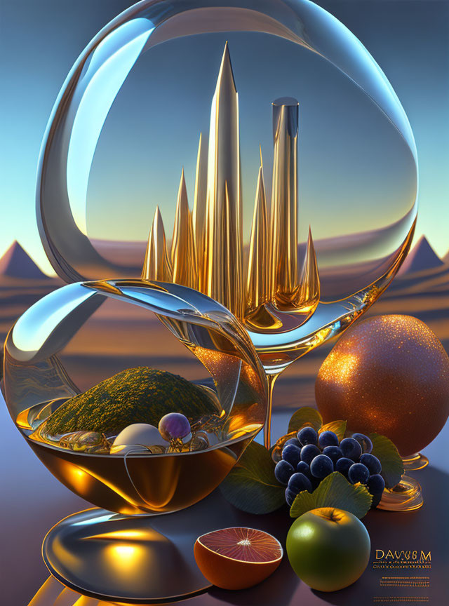 Shiny geometrical shapes and golden spikes in abstract 3D art