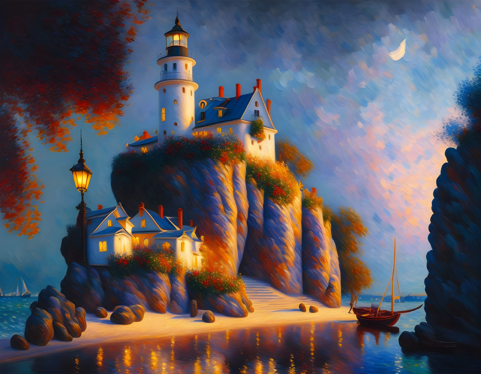 Lighthouse painting on cliff with houses, boat, twilight sky