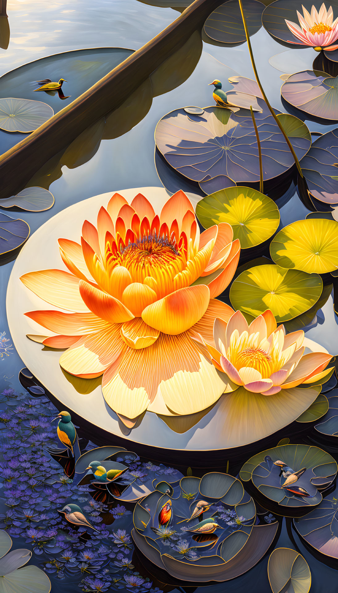 Colorful Lotus Flower Illustration Among Lily Pads and Wildlife