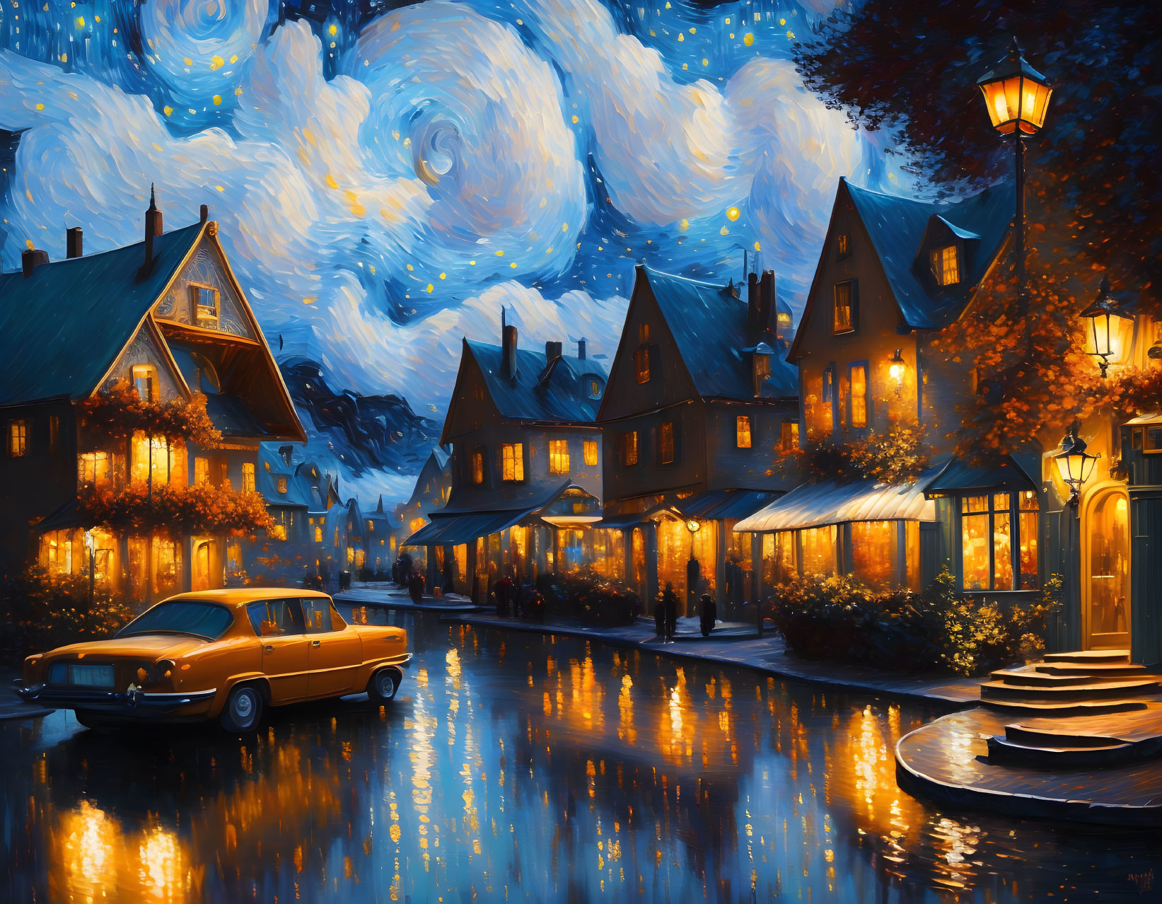 Van Gogh-inspired starry sky over vintage car and cozy houses