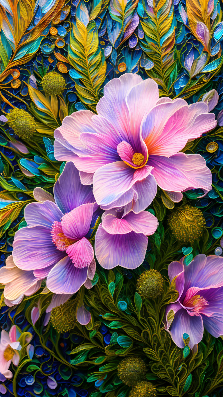 Colorful digital artwork of purple and pink flowers with golden and blue foliage.