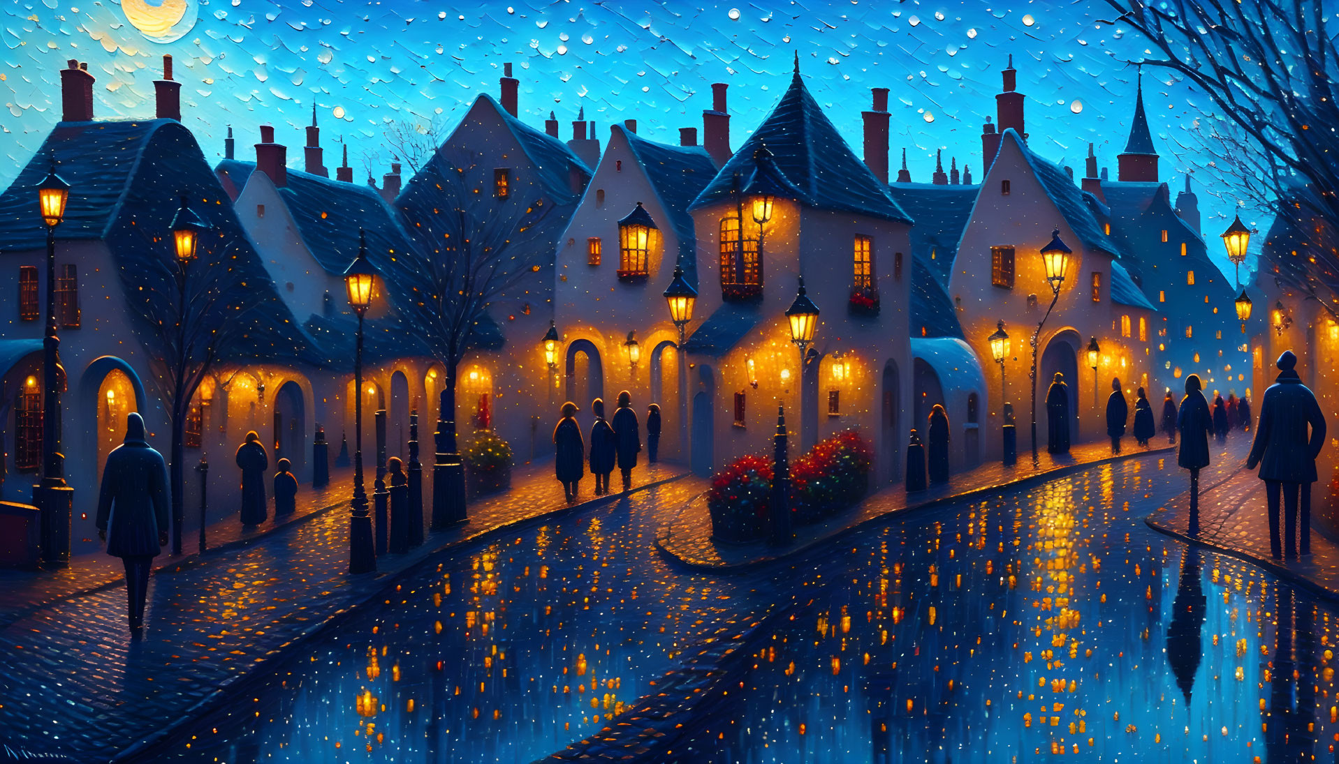 Cobblestone street at night with quaint houses and starry sky