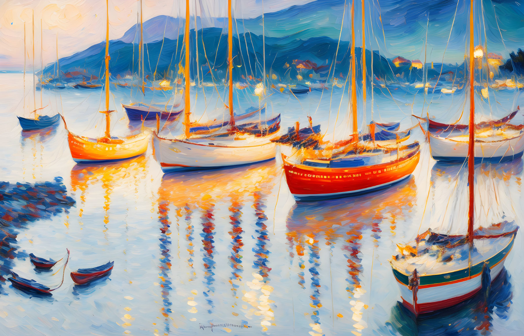 Vibrant Sailboats Painting with Water Reflections