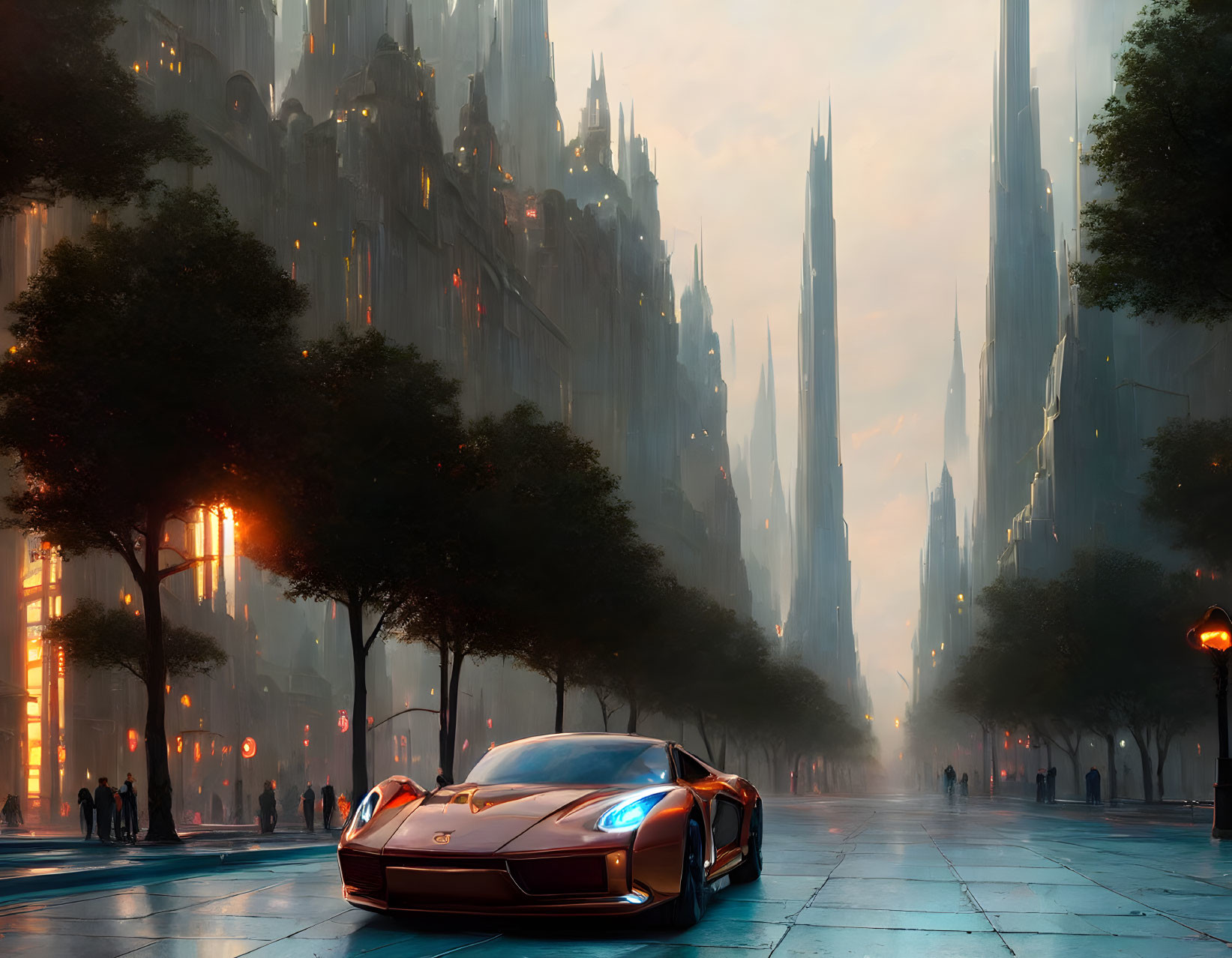 Sleek sports car on reflective street at dusk with futuristic cityscape.