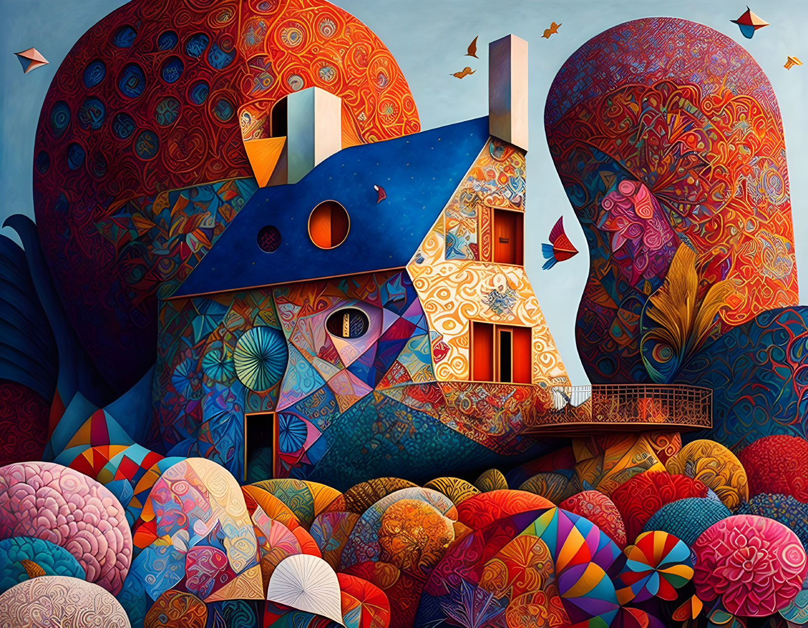 Colorful whimsical house illustration with ornate hills and circular sky