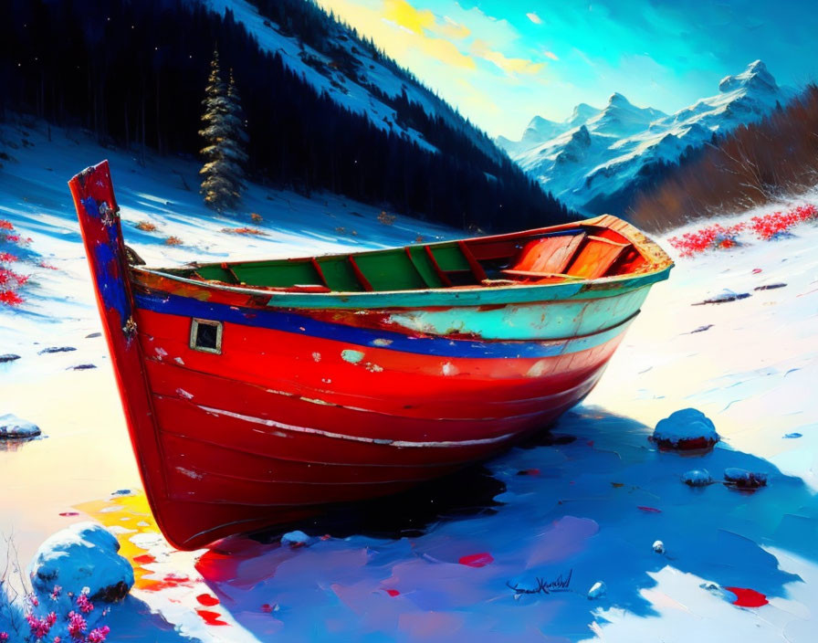 Red Boat on Snowy Landscape with Flowers and Mountains