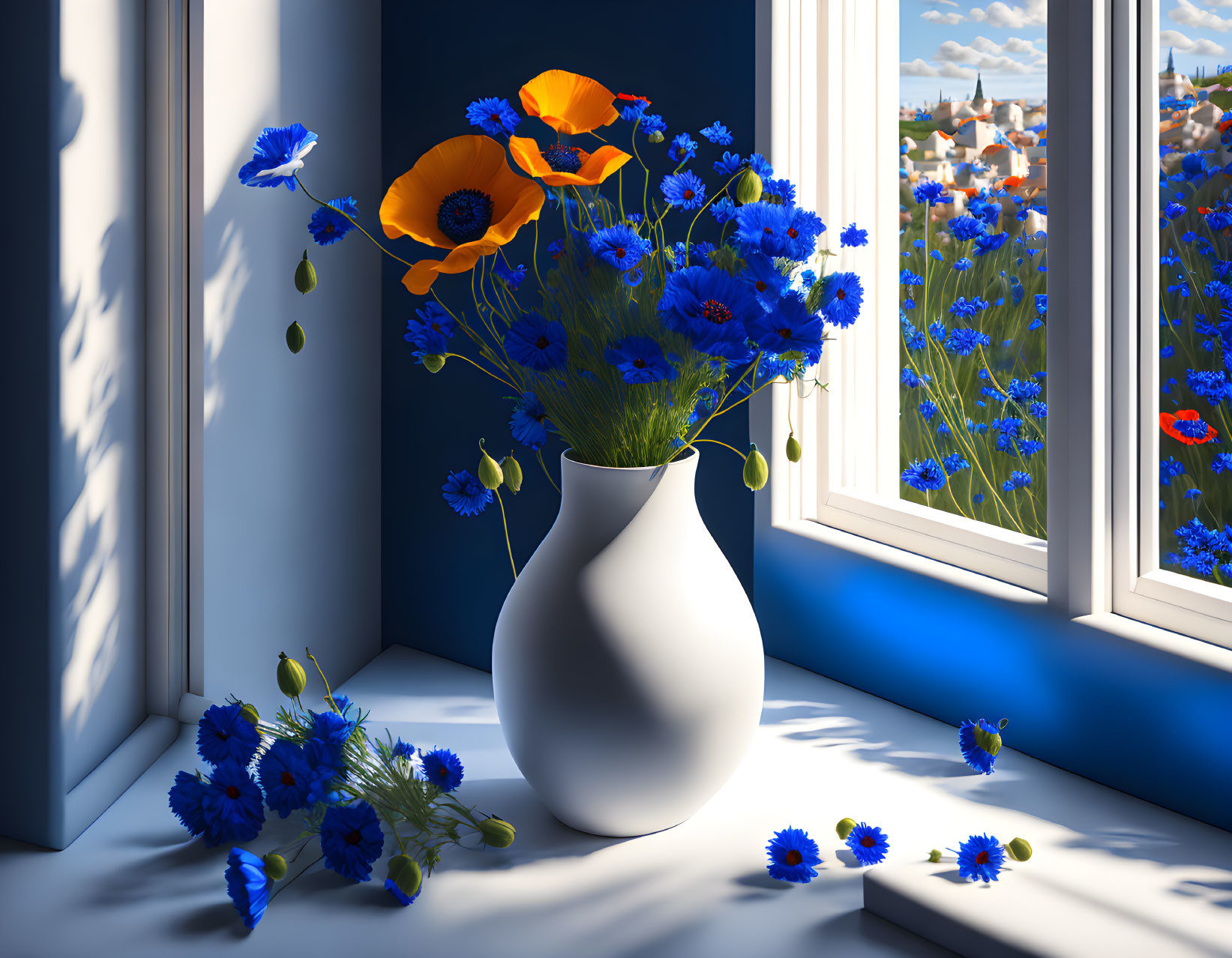 White Vase with Blue and Orange Flowers by Window in Quaint Village