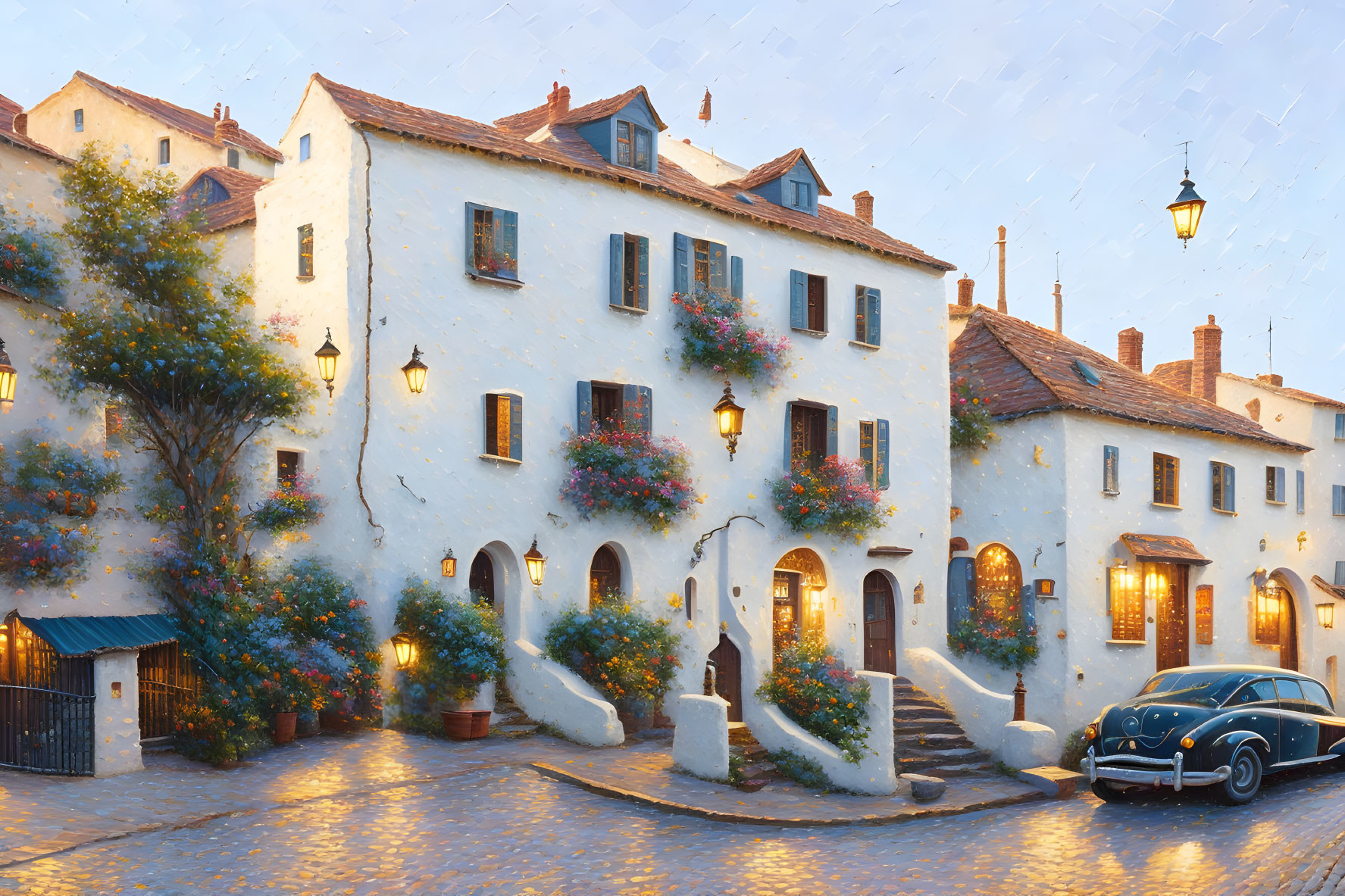 European Street Scene with Classic Car and Flowered Balconies