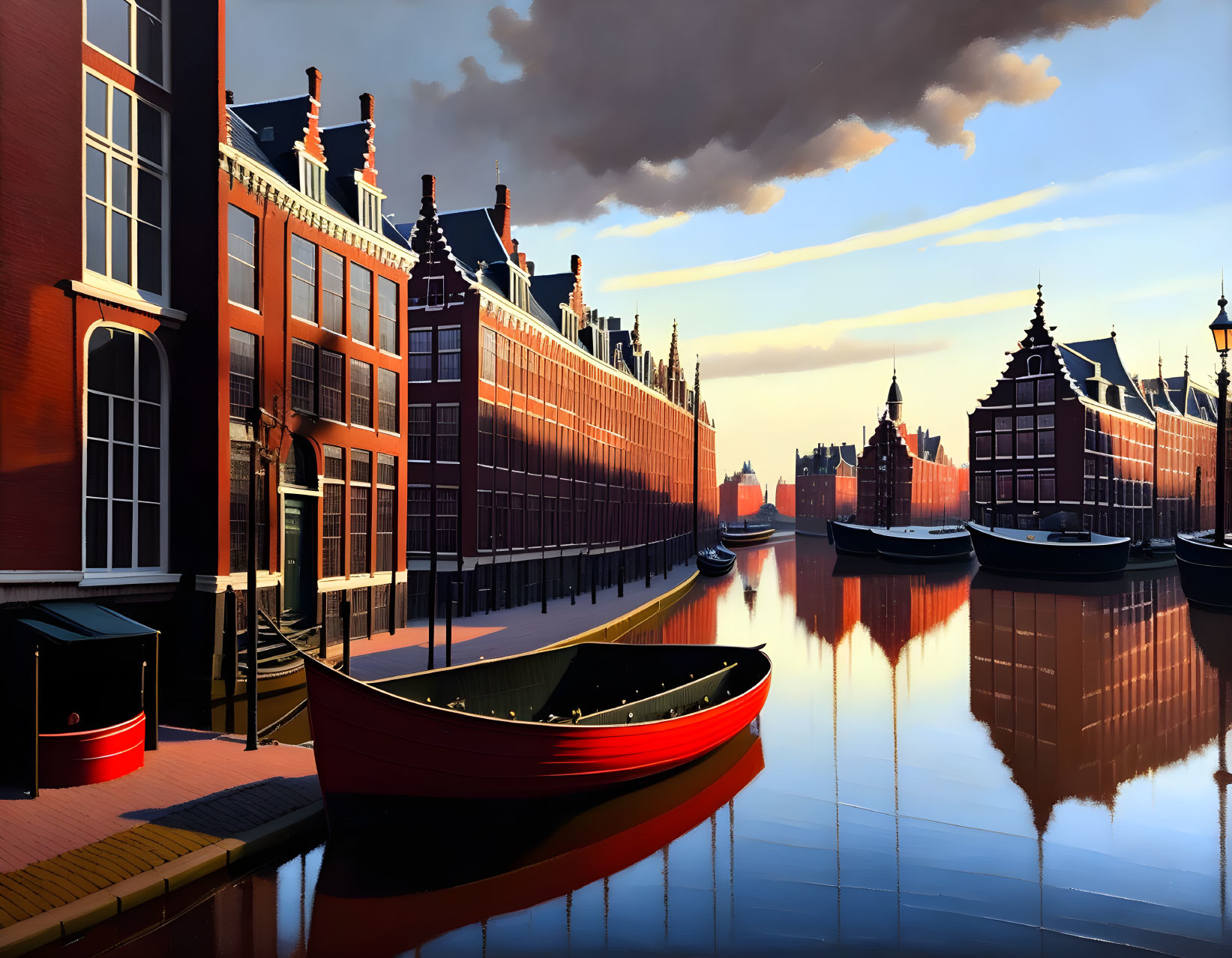 Tranquil Dutch canal with traditional buildings, red boat, and blue sky