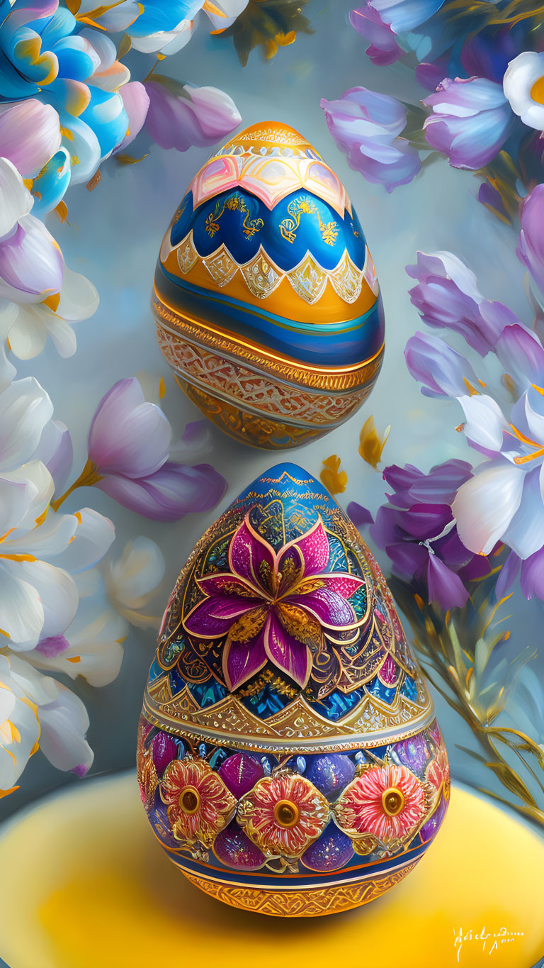 Floral-patterned Easter eggs on yellow surface with pastel flowers