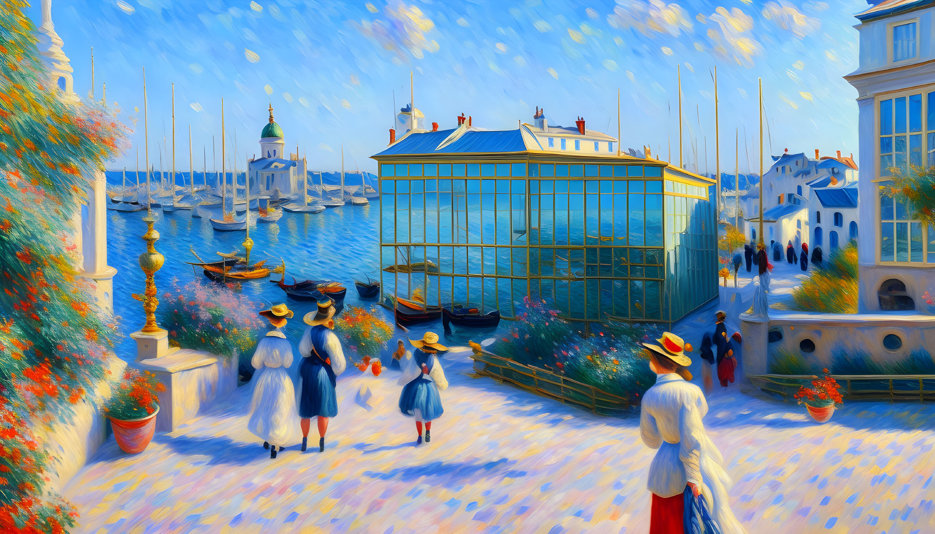 Impressionist-style painting: People by the sea with sailboats, lighthouse, glass pavilion