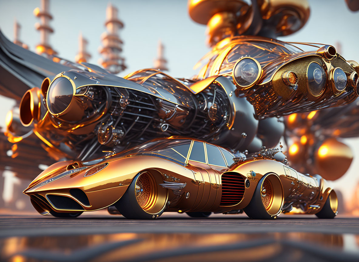 Sleek Gold Futuristic Car on Reflective Surface with Floating Structures