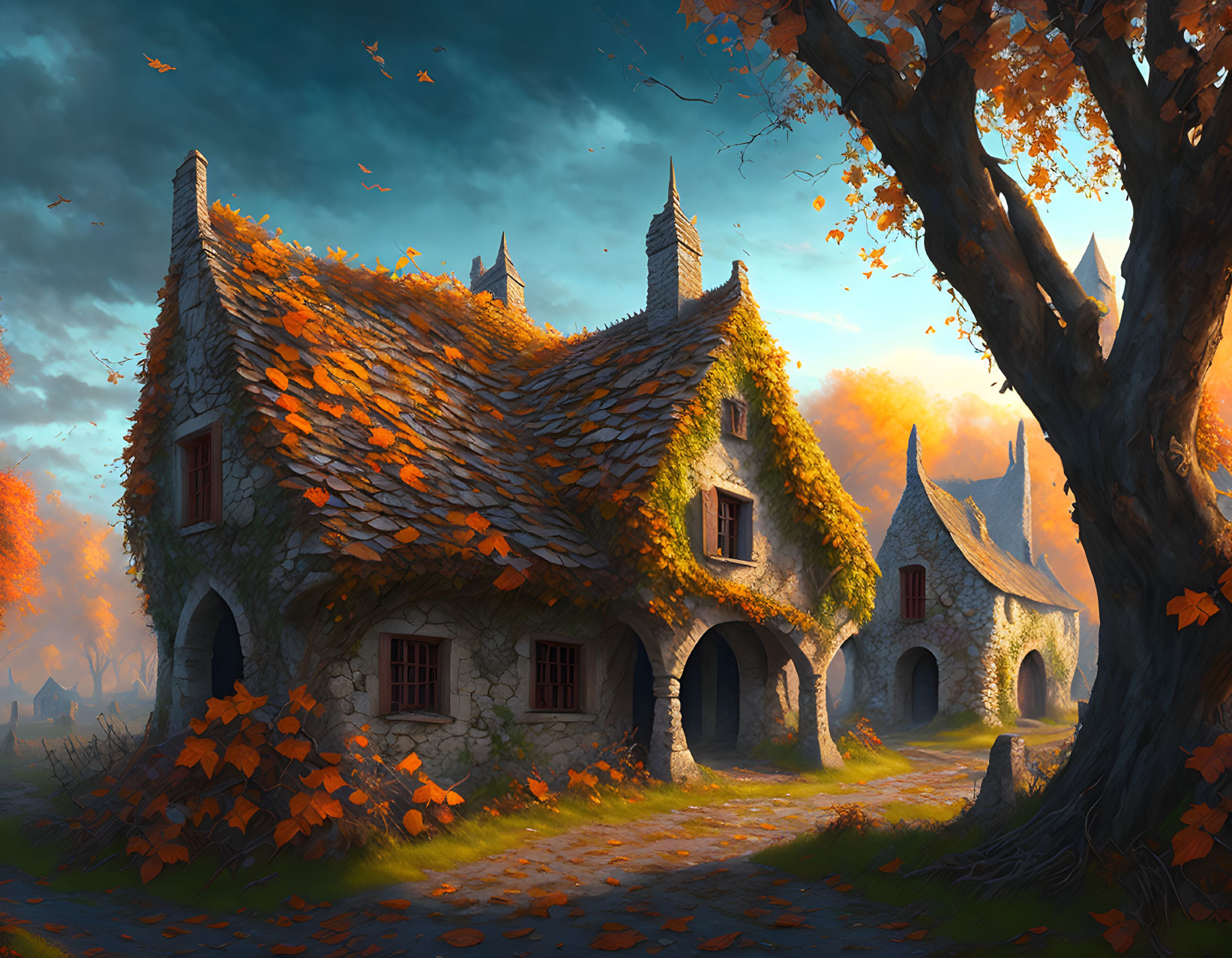 Quaint stone cottage in autumn setting with ivy-covered trees