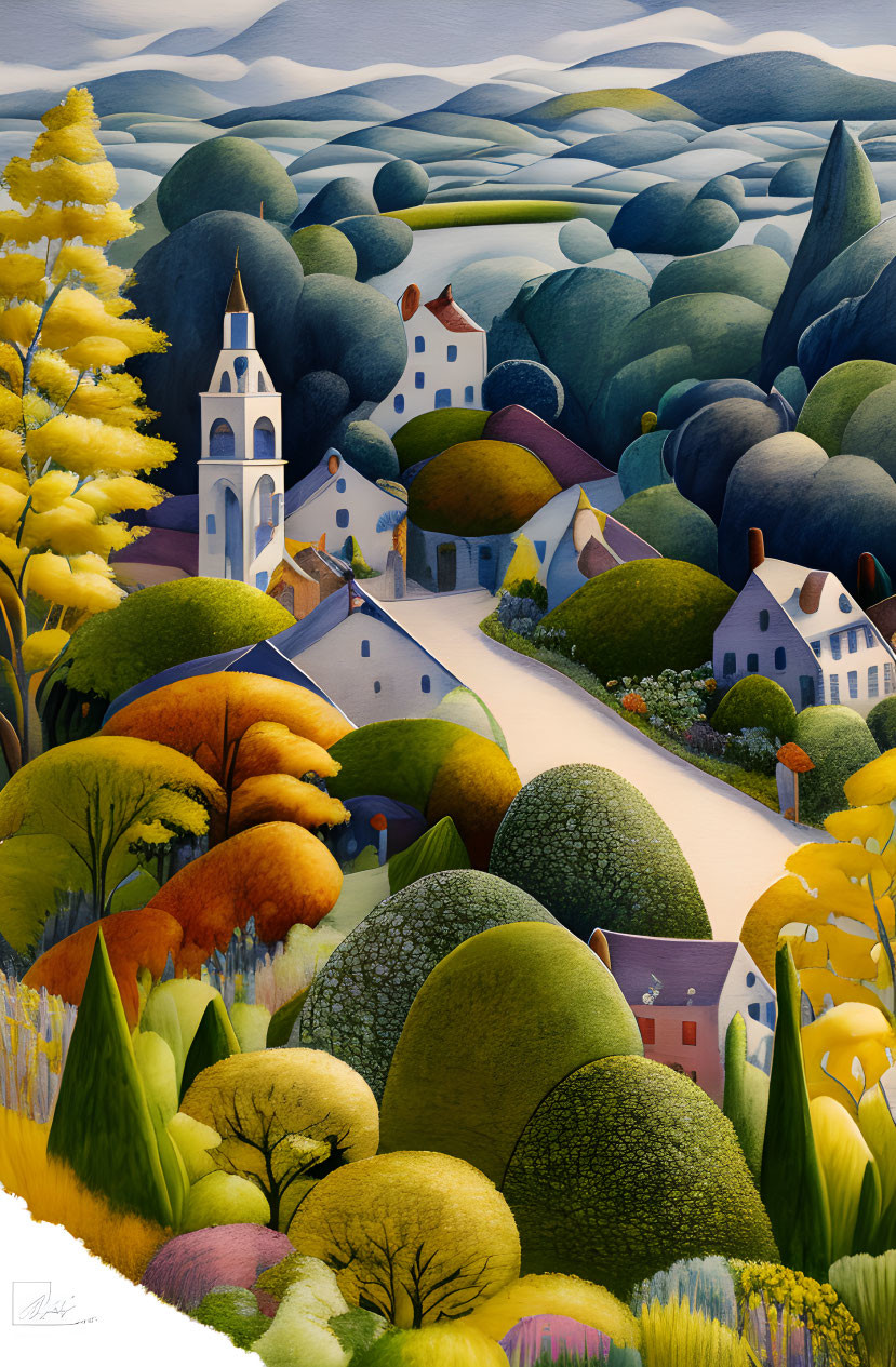 Colorful village painting with rolling hills and church spire