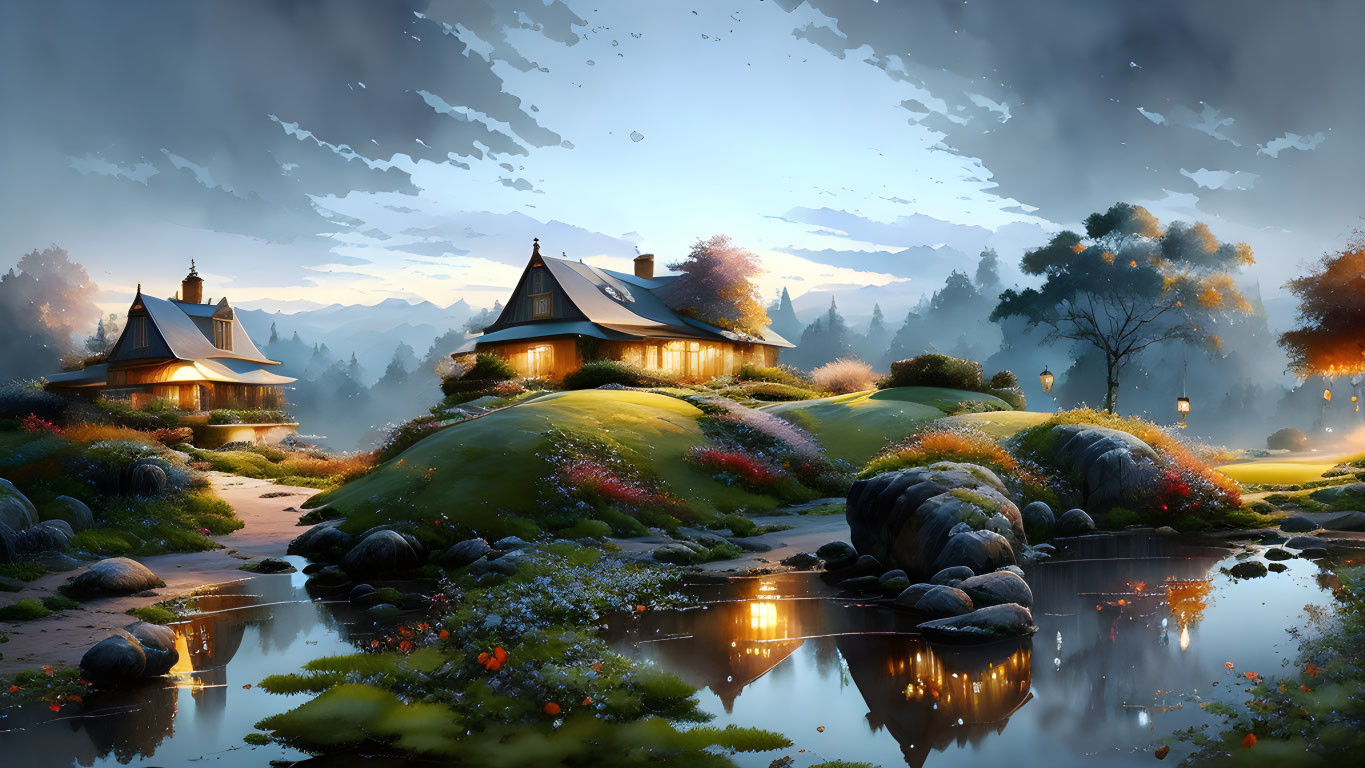 Tranquil fantasy landscape: quaint houses, lush hills, calm river, vibrant flora, dramatic sky