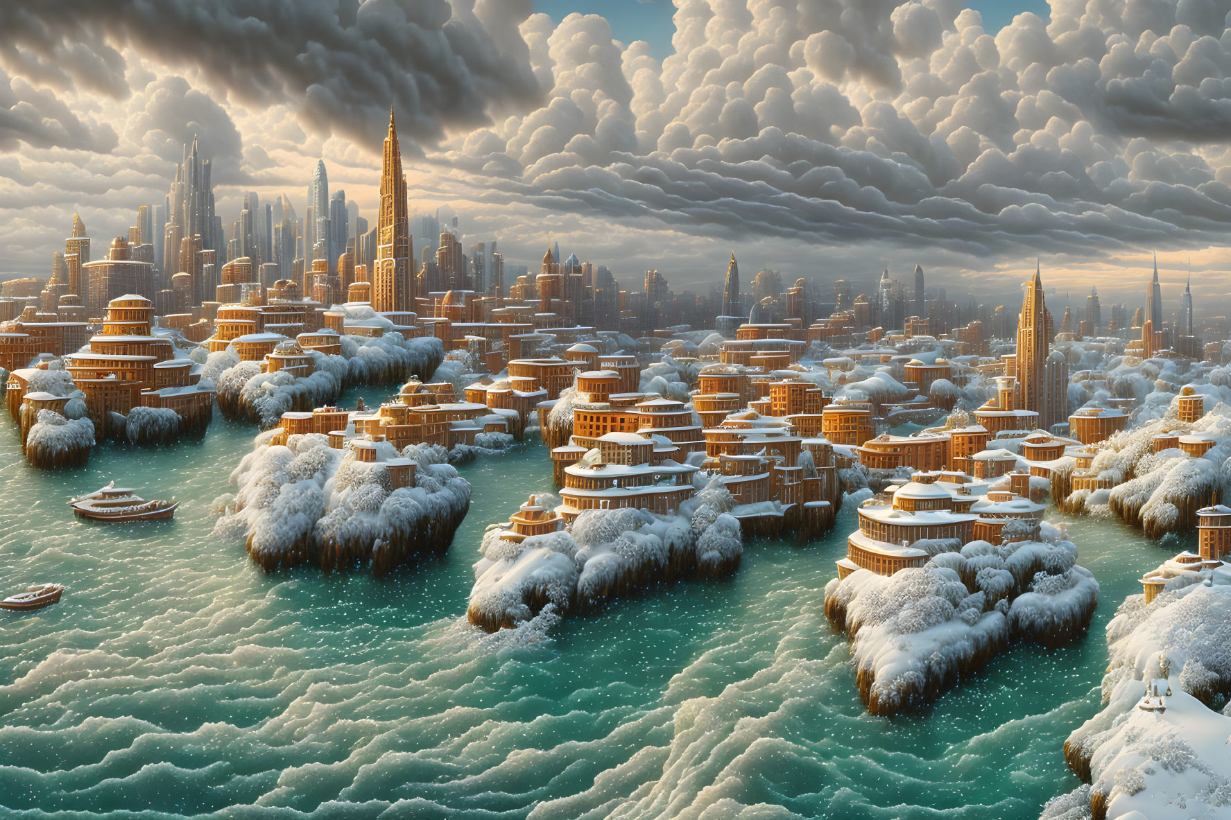 Snowy Cityscape with Traditional and Modern Architecture in Icy Waters