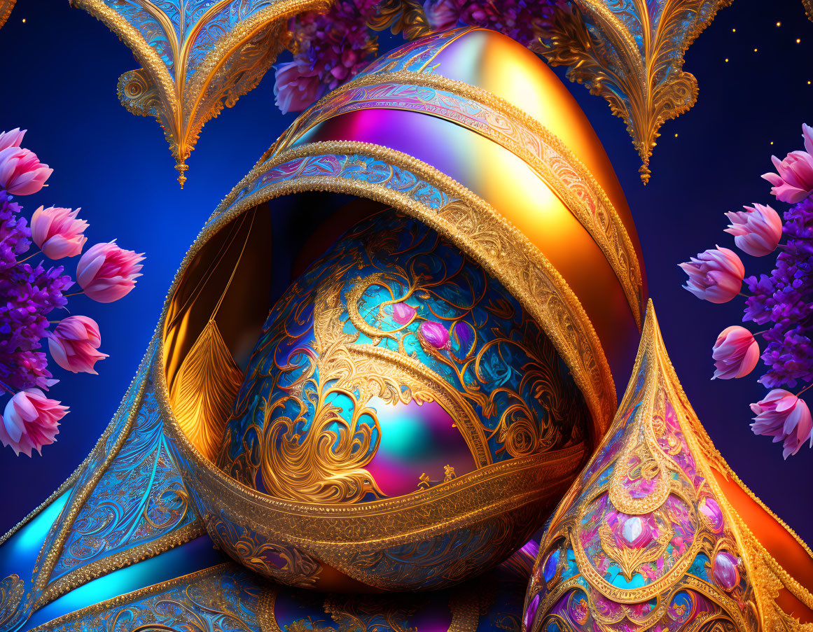 Golden Fabergé Eggs Surrounded by Purple Flowers on Blue Background