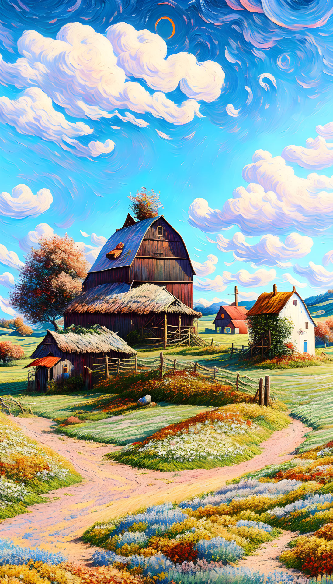 Colorful rural landscape painting with barn, houses, swirling clouds, and vibrant flora.