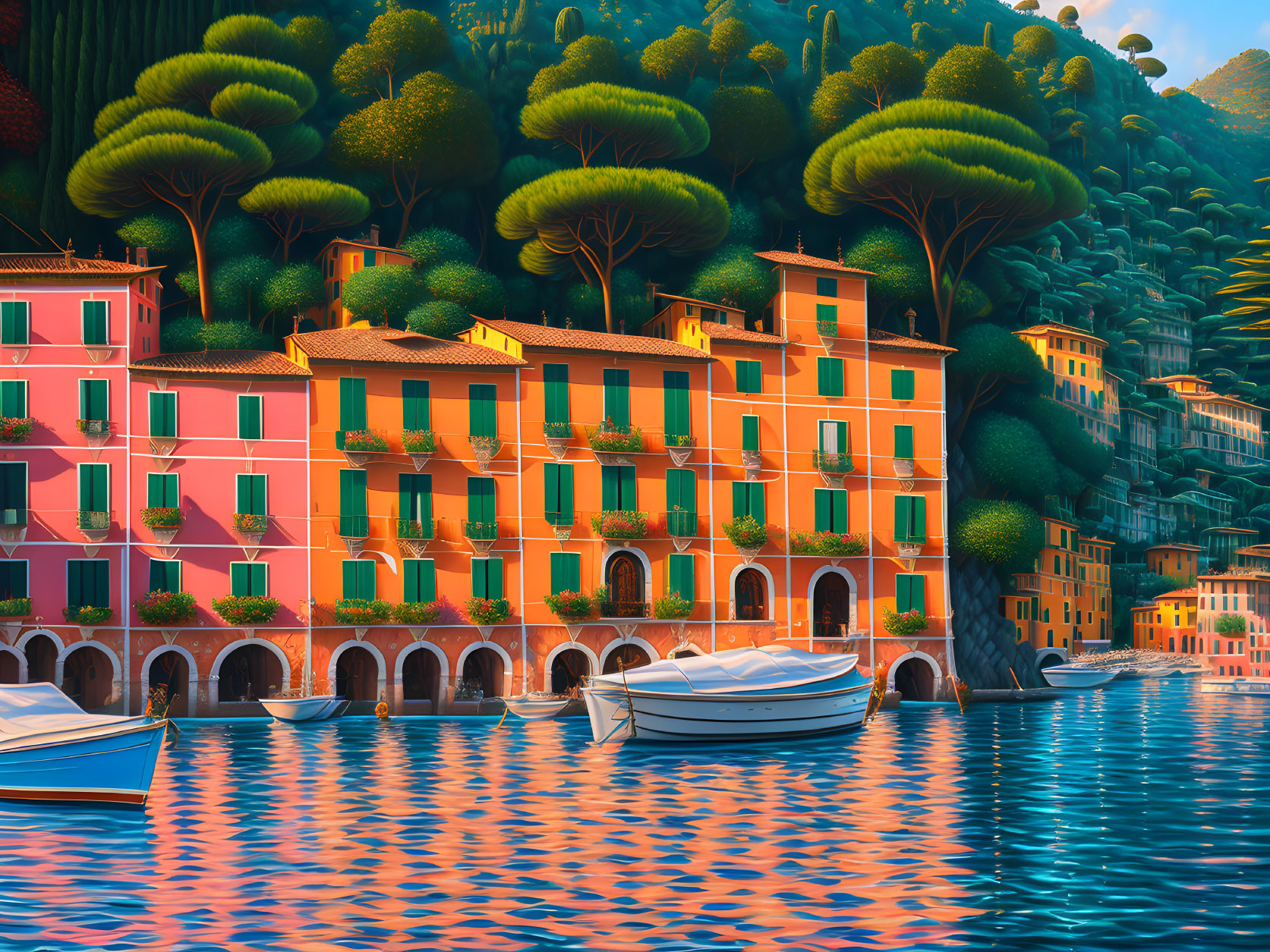 Picturesque European Coastal Town with Orange Buildings, Moored Boats, and Green Hills at Sunset