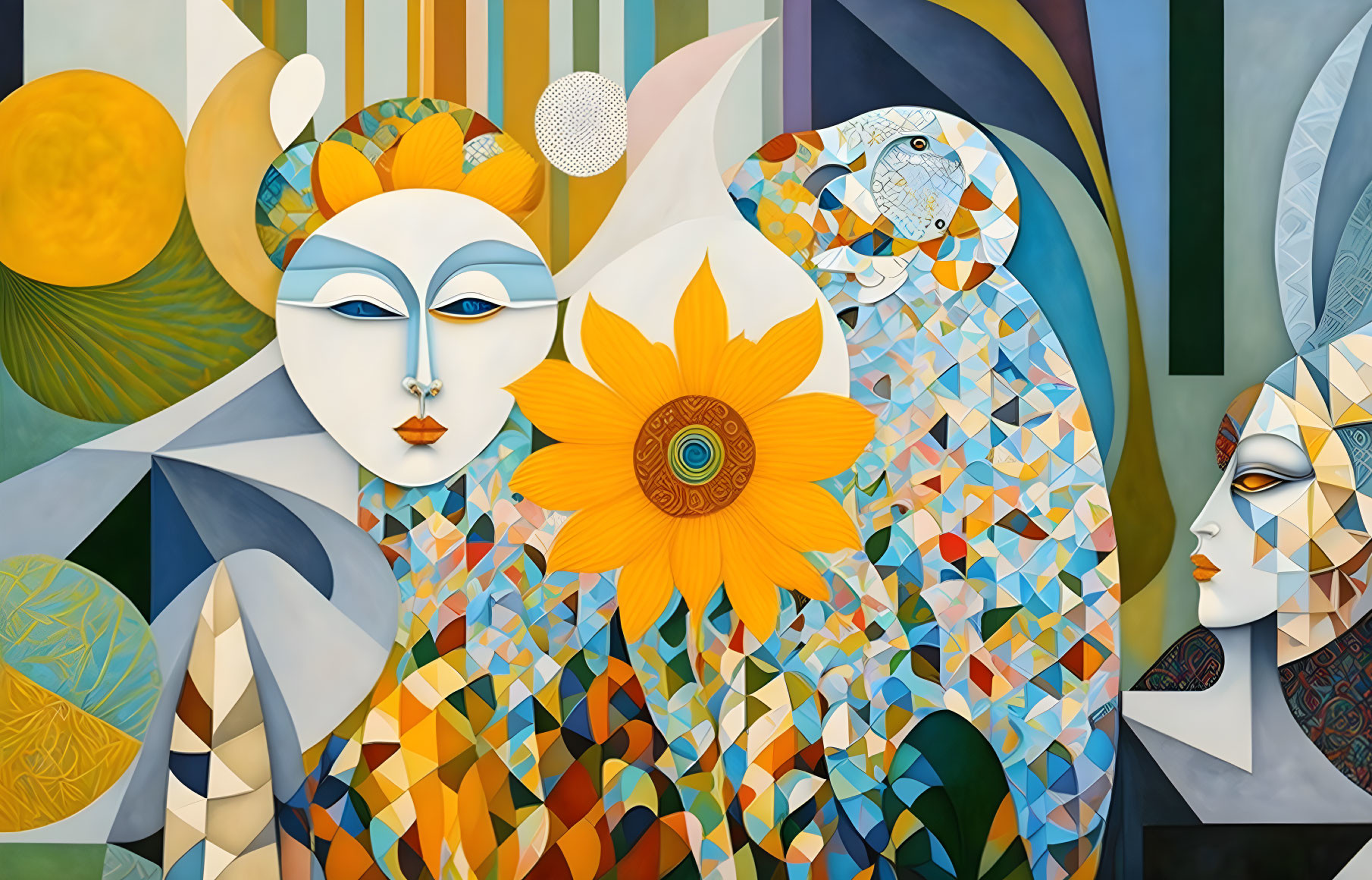 Vibrant Abstract Painting with Faces, Geometric Shapes & Flower