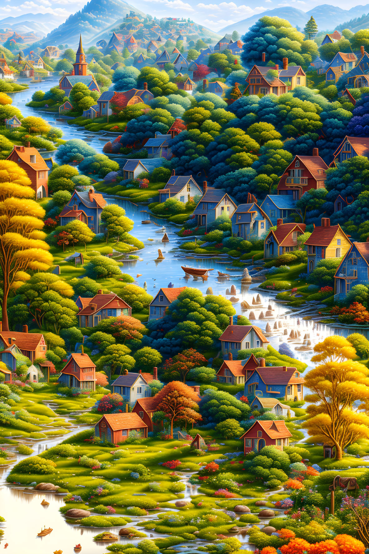 Scenic village with colorful houses, river, boats, waterfalls, and lush flora