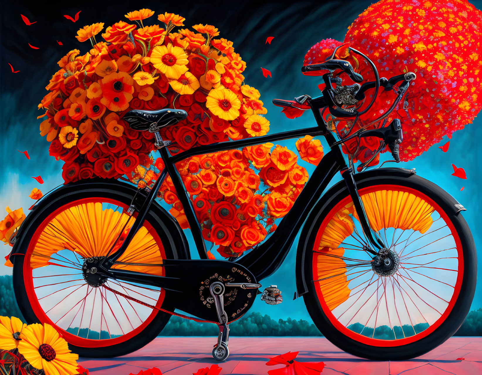 Colorful painting of black bicycle with flower-filled baskets on teal background.