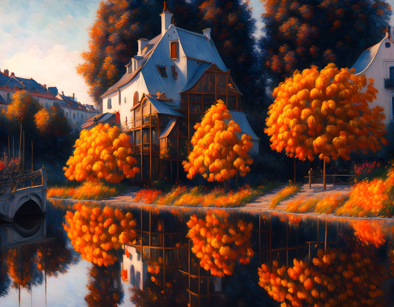 Tranquil autumn landscape with house by river and vibrant trees