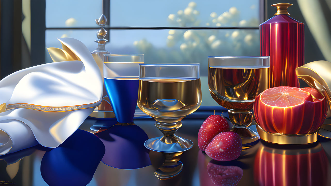 Luxurious Still Life Composition with Wine Glasses, Red Bottle, Fruits, and Draped Cloth