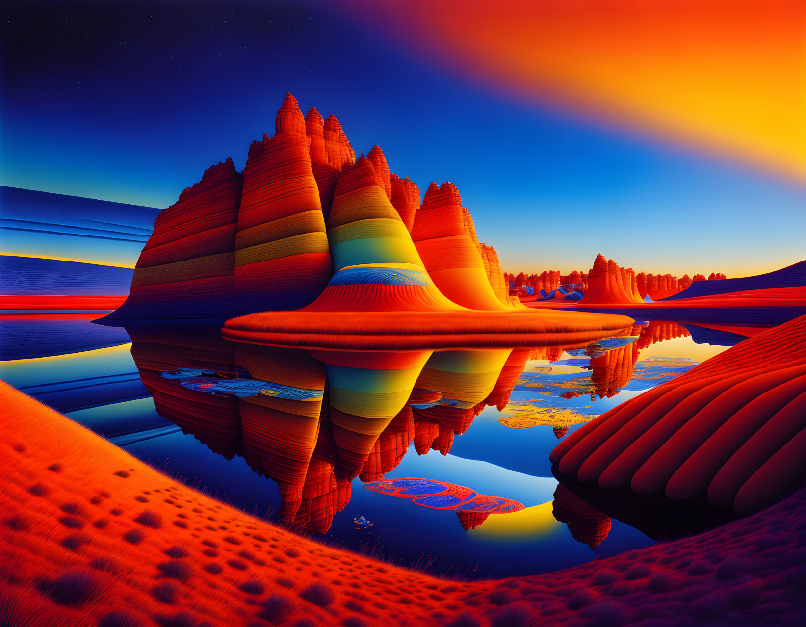 Vividly Colored Surreal Landscape with Rock Formations and Sunset Sky