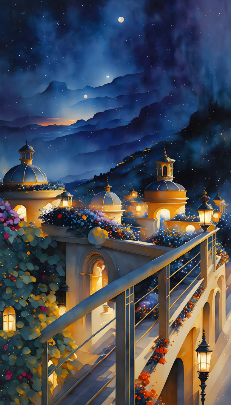 Starry Sky Over Old-World Town with Illuminated Domes