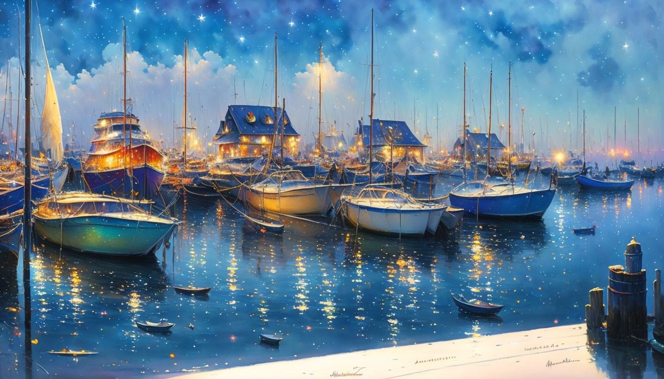 Tranquil Marina Scene with Moored Boats and Starry Sky