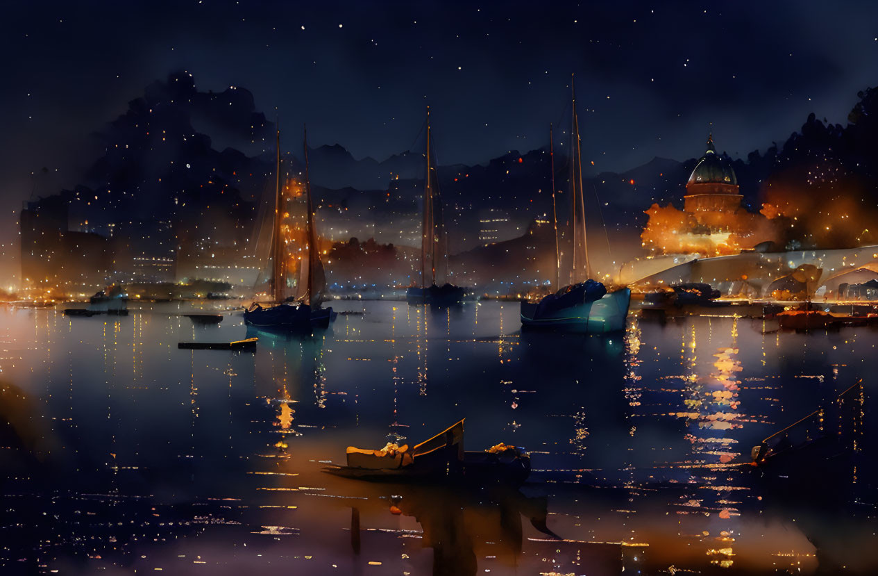 Night-time Harbor Scene with Boats, City Lights, and Starry Sky