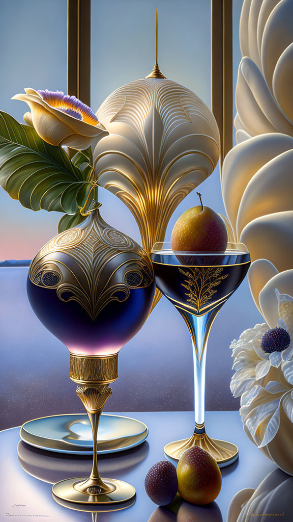 Ornate still life with gilded vase, glass, fruit, and flowers by sunset-tint