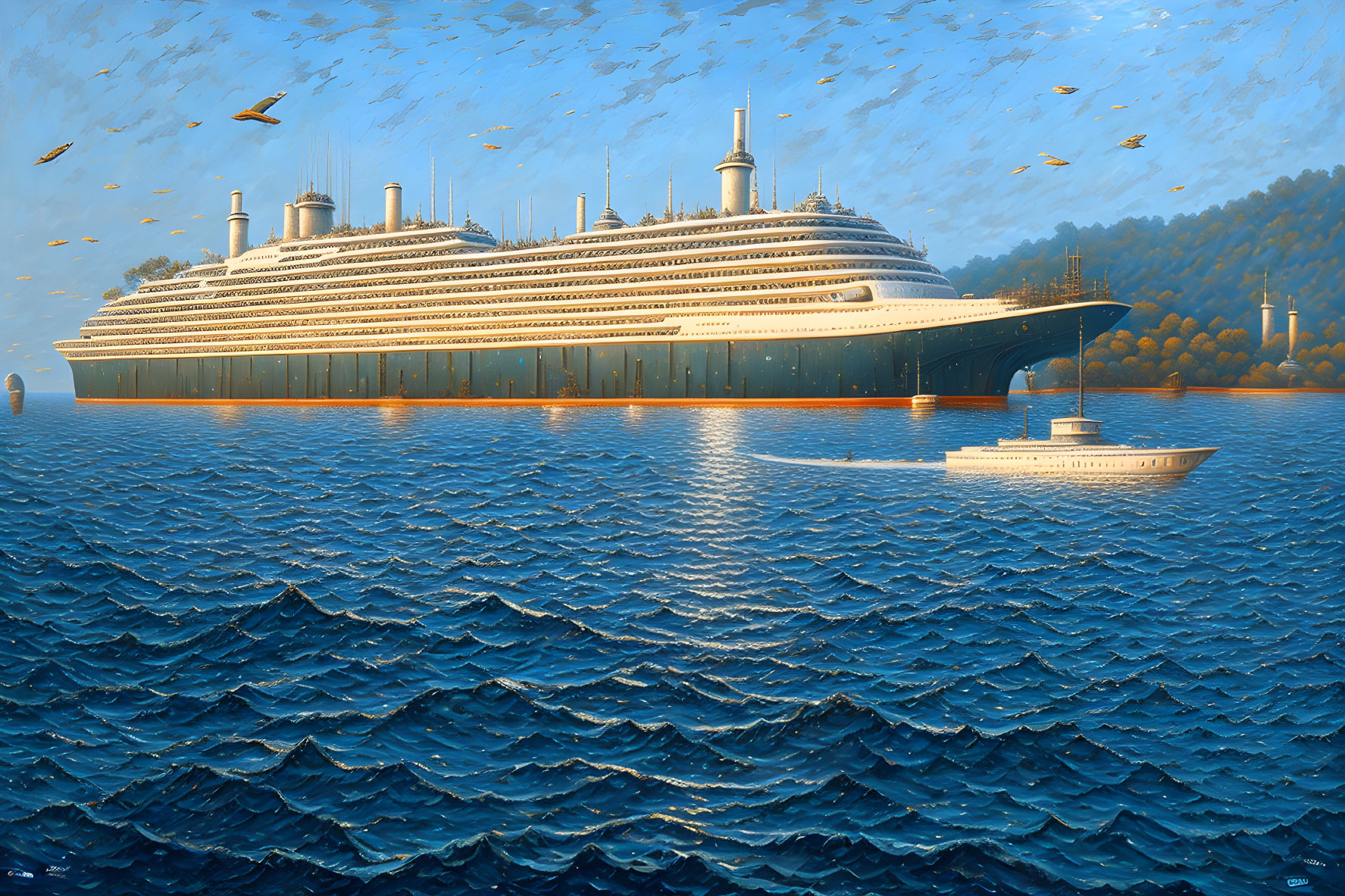 Massive cruise ship on serene blue waters with small boat and birds in orange sky