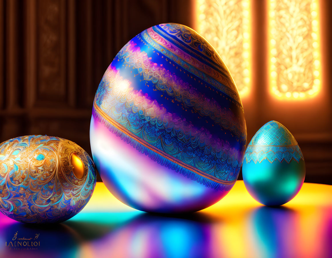 Three ornate decorated eggs of varying sizes with intricate patterns on reflective surface against warm backdrop