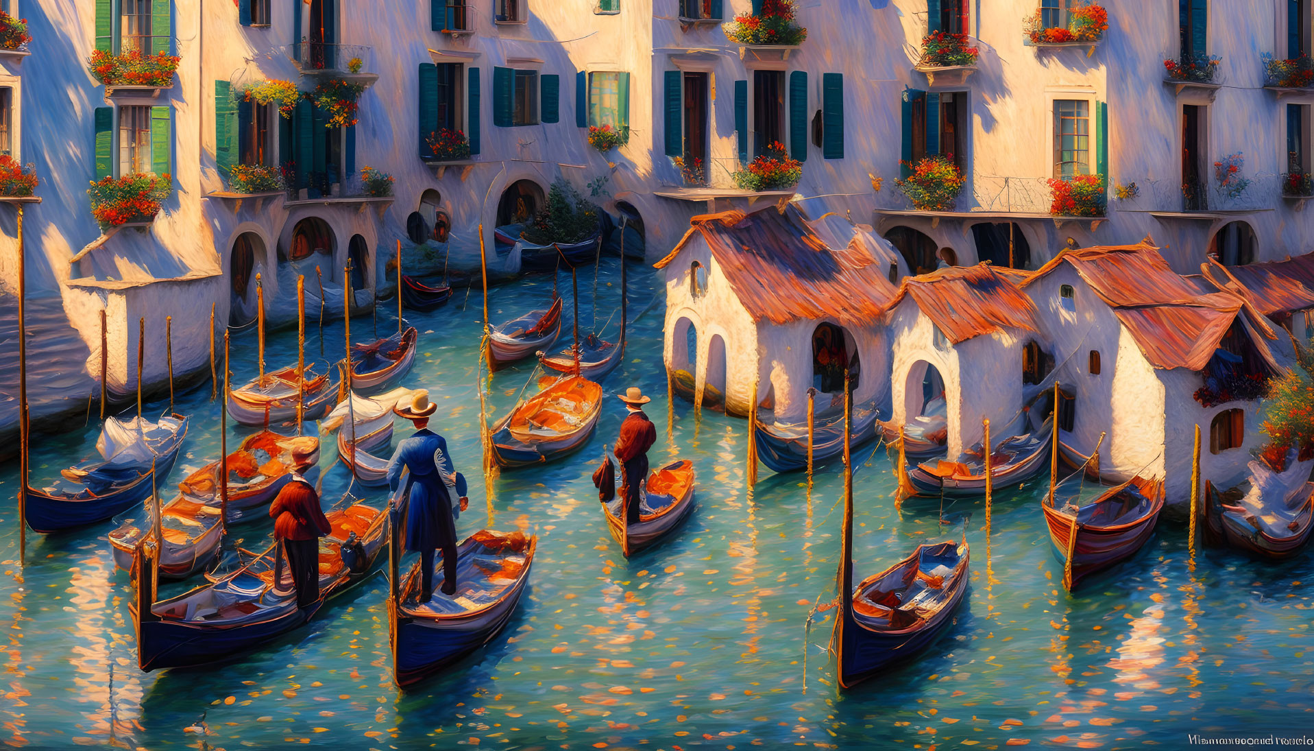 Gondoliers in Venetian canal with historic buildings and flower-draped balconies