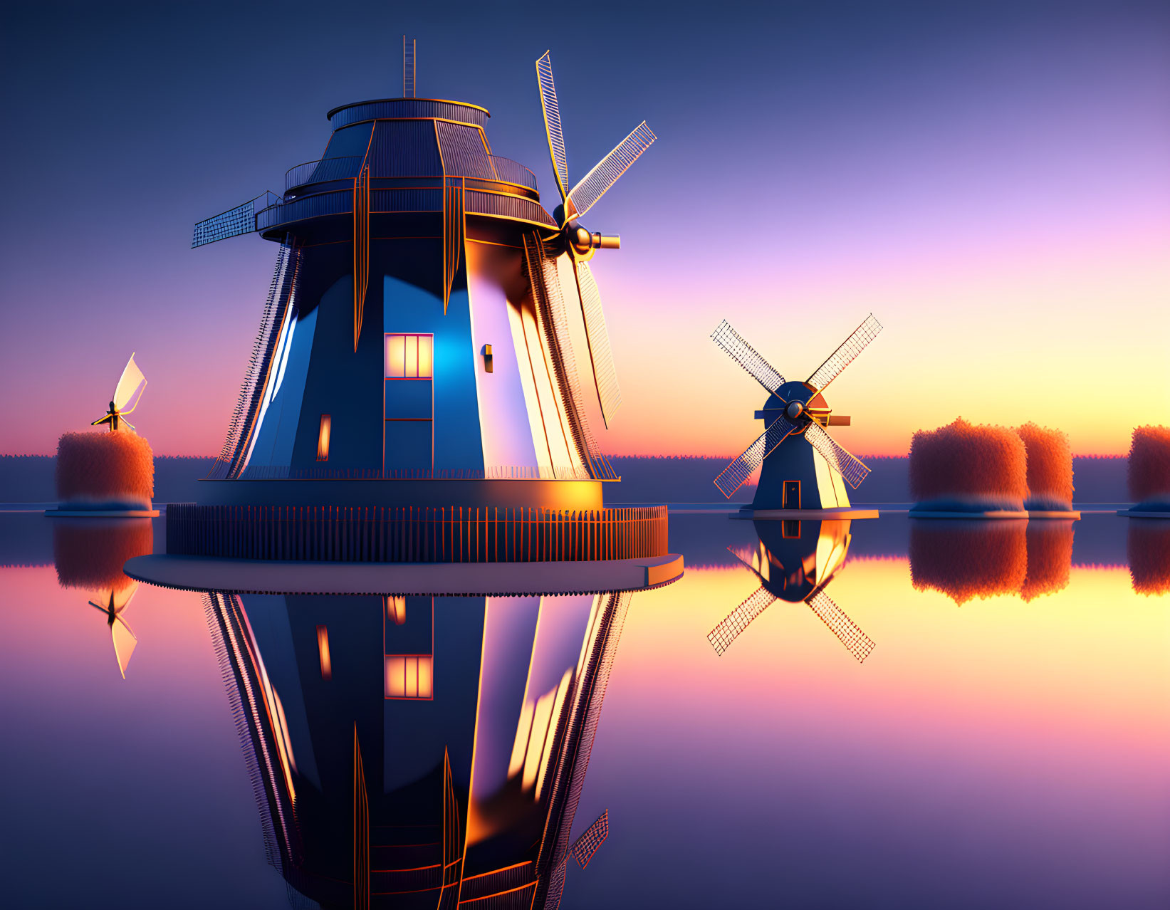 Three illuminated windmills by a calm lake at twilight